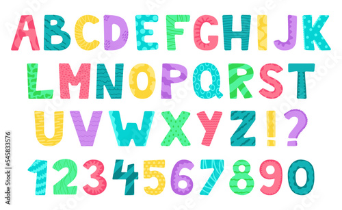 Cute cartoon font. Bright alphabet. Isolated letters on white background. Vector illustration.