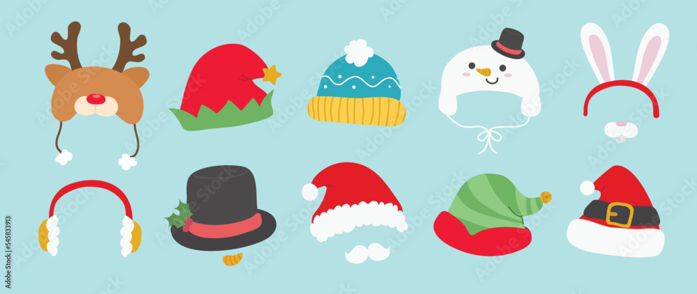 Set of cute winter and autumn headwear vector illustration. Collection of reindeer, santa, snowman, elf, knitting hats, top hat, caps, rabbit headband for cold weather. Design for card, comic, print. - obrazy, fototapety, plakaty 