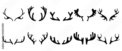 Set of antlers vector illustration. Collection of black deer antlers and horns silhouette isolated on white background. Design suitable for sticker, card, comic, print, poster, logo, decoration.