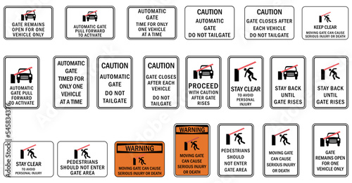 Parking lot and garage beware automatic moving gate sign set of vector