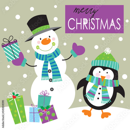 christmas card with cute snowman and penguin