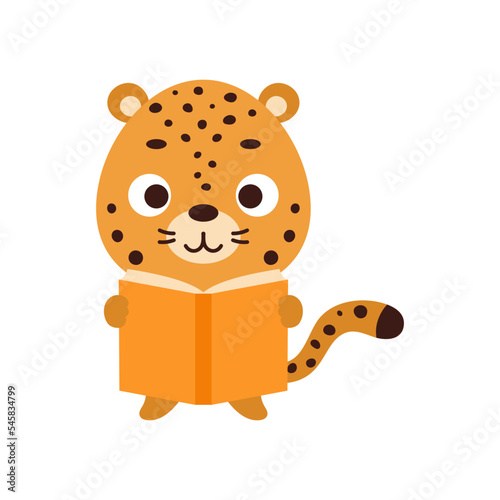 Cute little jaguar reading book on white background. Cartoon animal character for kids t-shirt, nursery decoration, baby shower, greeting card, house interior. Vector stock illustration