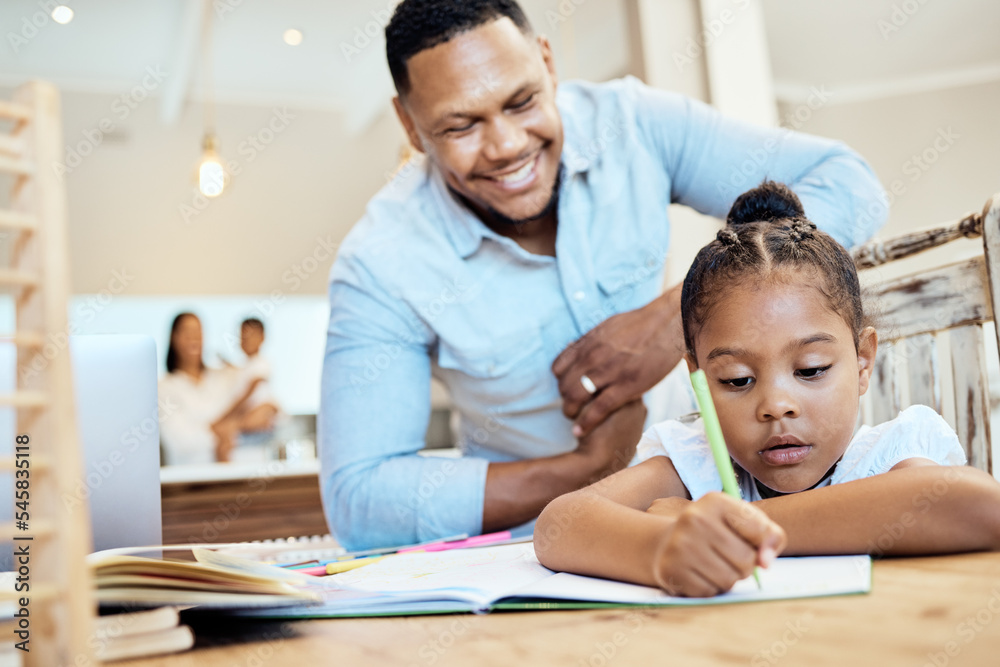 Child, father and support while doing homework, learning and doing school work in book for knowledge, education and bonding at home. Man helping girl with studying, focus and development at table Child, father and support while doing homework, learning and doing school work in book for knowledge, education and bonding at home. Man helping girl with studying, focus and development at table