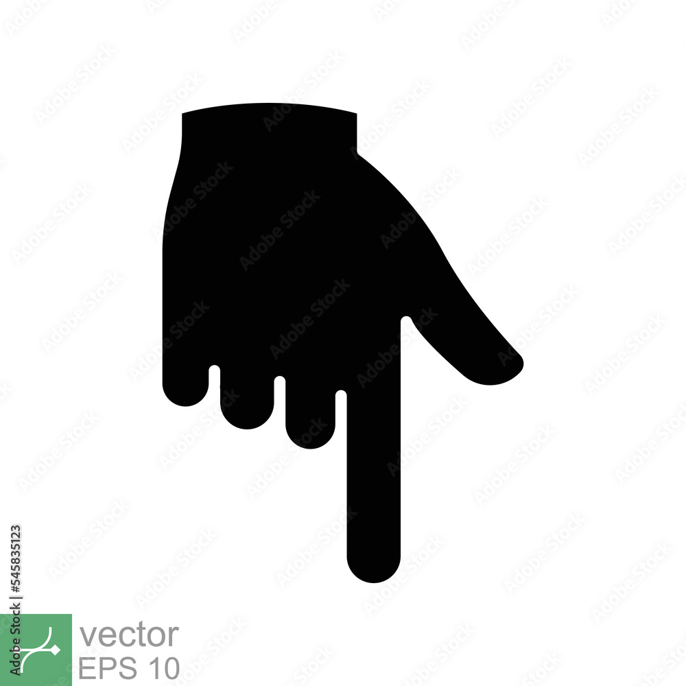 Pointing down icon. Simple solid style. Backhand index pointing down, forefinger, hand gesture pointer concept. Glyph vector illustration isolated on white background. EPS 10. Pointing down icon. Simple solid style. Backhand index pointing down, forefinger, hand gesture pointer concept. Glyph vector illustration isolated on white background. EPS 10.