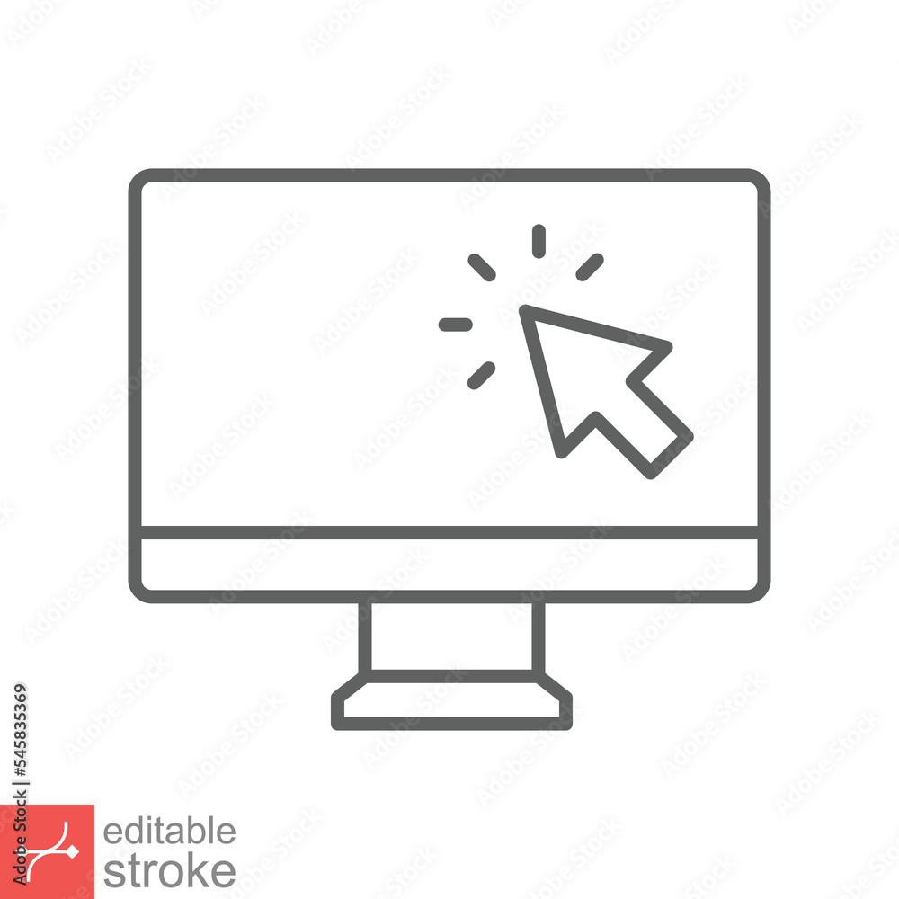 Computer monitor click cursor line icon. Simple outline style sign for mobile concept and web design. Mouse, PC, desktop, display. Vector illustration isolated. Editable stroke EPS 10. Computer monitor click cursor line icon. Simple outline style sign for mobile concept and web design. Mouse, PC, desktop, display. Vector illustration isolated. Editable stroke EPS 10.
