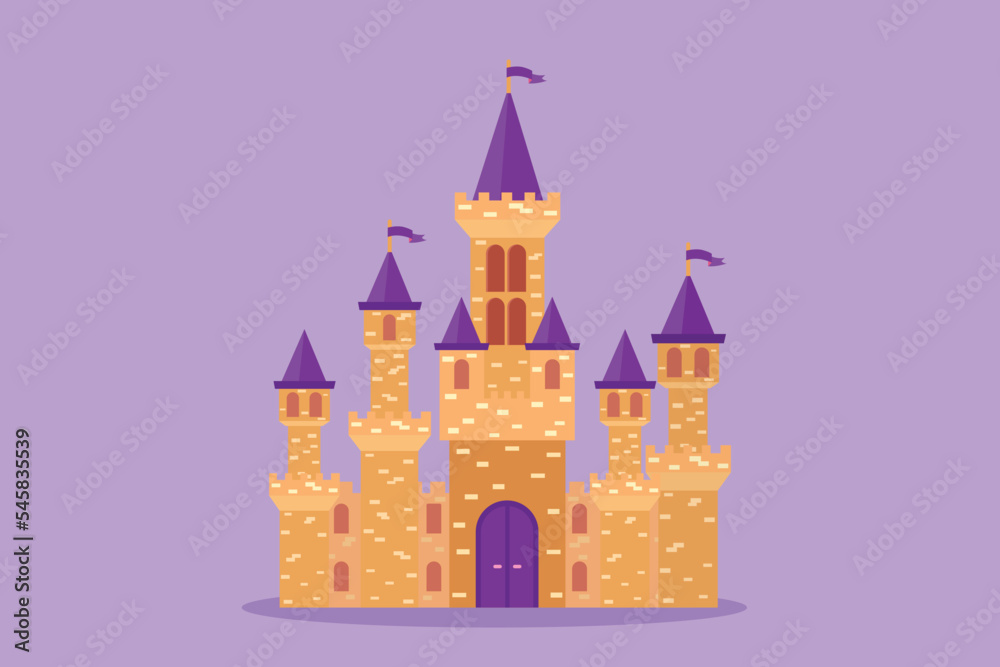 Cartoon flat style drawing castle in amusement park with seven towers and three flags. Fort building that tells of life in kingdom. Palace where royal family lived. Graphic design vector illustration