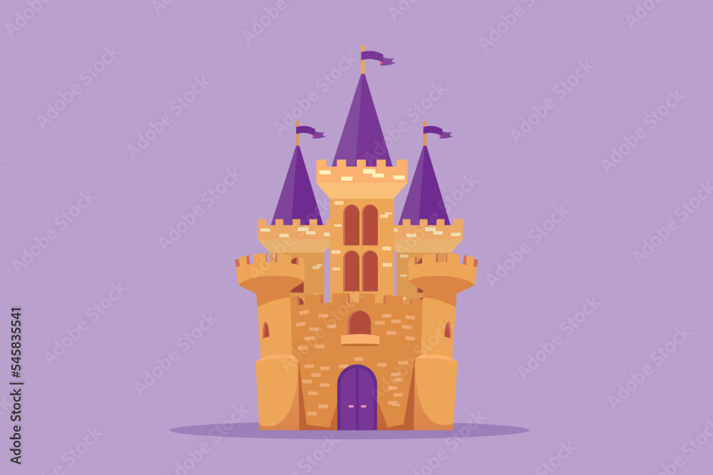 Cartoon flat style drawing castle in amusement park with three towers and flags on it. Fort that contains atmosphere in fairy tale. Palace where royal family lived. Graphic design vector illustration Cartoon flat style drawing castle in amusement park with three towers and flags on it. Fort that contains atmosphere in fairy tale. Palace where royal family lived. Graphic design vector illustration