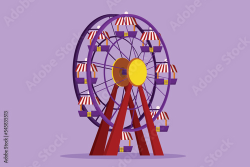 Cartoon flat style drawing of colorful ferris wheel in an amusement park, a large circular circle high in the sky. Interesting recreational rides for happy families. Graphic design vector illustration