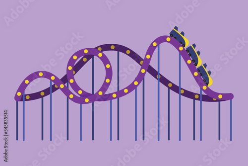 Character flat drawing colorful roller coaster in an amusement park with a track high into the sky. Funfair festival play in outdoor concept. Popular extreme rides. Cartoon design vector illustration