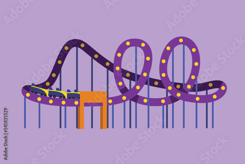 Character flat drawing of colorful roller coaster in an amusement park with a track high in the sky. Extreme rides that are very popular with young people happiness. Cartoon design vector illustration
