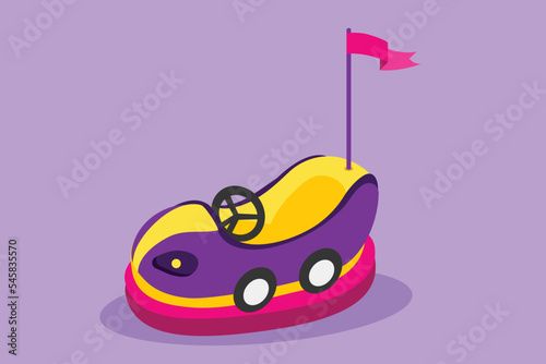 Cartoon flat style drawing colorful electric dodgem car in amusement park arena with flag on top of antenna. Happy childhood memories playing bumper car with friend. Graphic design vector illustration photo