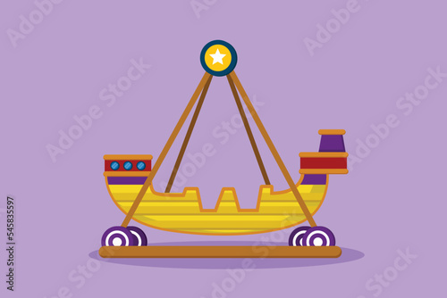Cartoon flat style drawing colorful swing boat in amusement park which moved by engine to swinging. Playground that children like. Play on funfair outdoor festival. Graphic design vector illustration