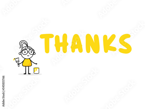 Woman drawing yellow word thanks. Business, marketing and advertising concept. Vector stock illustration