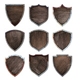 Wooden and metal shield protected steel icons sign set isolated on white background