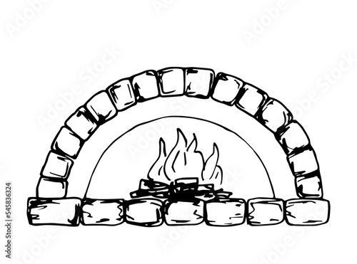 Simple hand drawn black outline vector drawing. Antique stone oven, open fireplace. Sketch in ink.