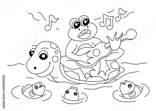 frogs  turtles  singing fish coloring page or book for kid vector