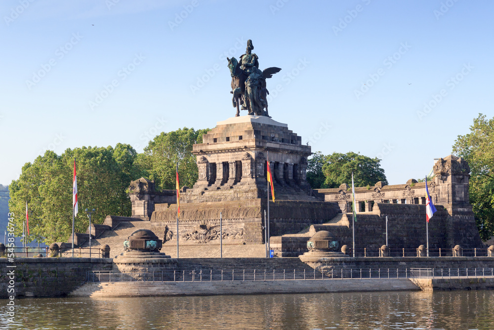 Deutsches Eck (German Corner) between Rhine and Moselle river with Emperor William monument statue in Koblenz, Germany