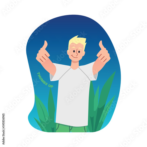 Sticker with young man showing positive gesture flat vector illustration isolated.