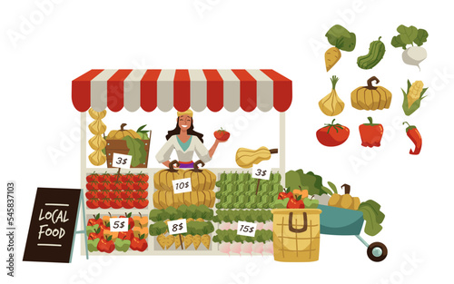 Happy woman selling fresh vegetables and fruits at local food market, flat vector illustration isolated on white.
