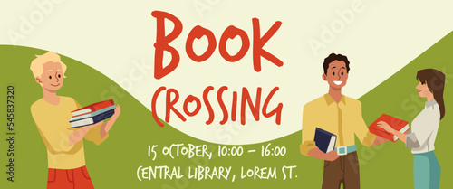 Bookcrossing event advertising banner, flat vector illustration.