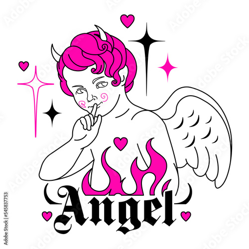 Baby devil angel y2k. Goth aesthetic print with mystical fire, flame, hearts. Vintage isolated sticker. Weird emo gothic graphic, pink and black colors, 90s, 00s love aesthetic.