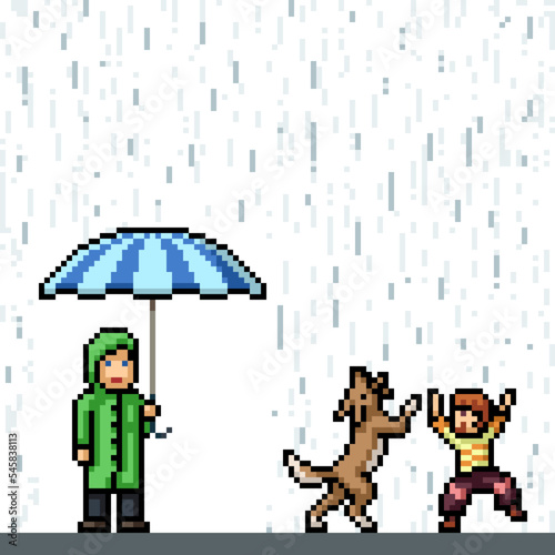 pixel art kid enjoy rain