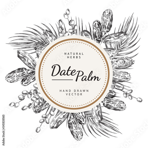 Round frame with hand drawn date palm fruits and leaves sketch style