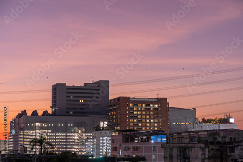 Night view and tall buildings on the outskirts of Bangkok which is a growing business area.
