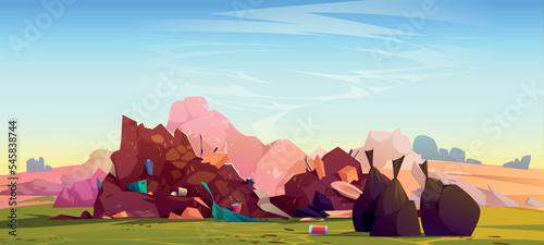 Landfill, environmental pollution concept with pile of unsorted garbage on nature landscape background. Messy wastes, rubbish, junk and dump, hazardous littering, Cartoon vector illustration