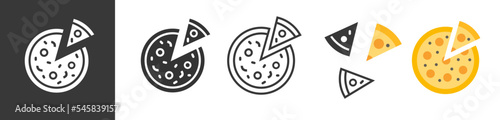 Pizza icon slice simple silhouette silhouette pictogram isolated on white and black background graphic illustration, pizzeria logo idea thin line outline art and flat cartoon minimal symbol image