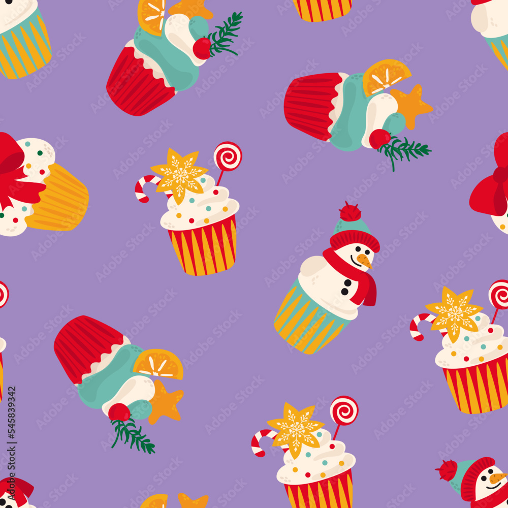 Seamless pattern with Christmas cupcakes. Design for fabric, textile, wallpaper, packaging, wrapping paper.