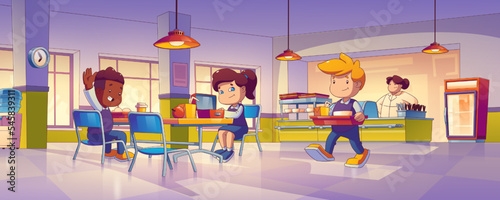 Children eat in school canteen, cafeteria interior with kids carry food trays, tables, chairs, vending machine, water cooler and cashier desk with friendly cafe staff, Cartoon vector illustration