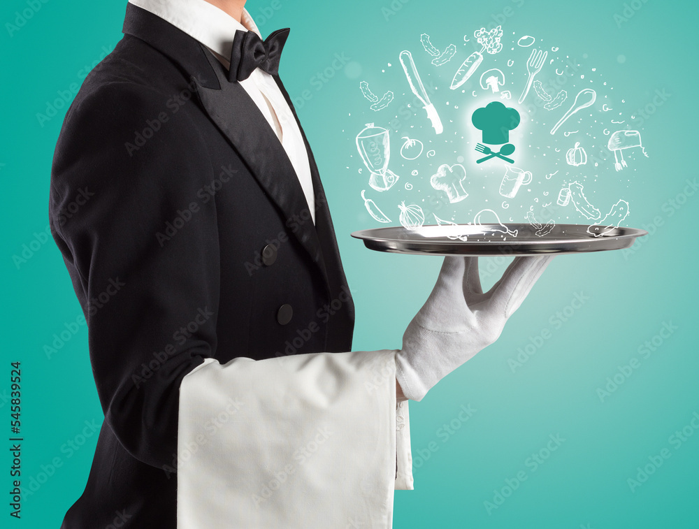 Waiter holding silver tray with food icons above Waiter holding silver tray with food icons above