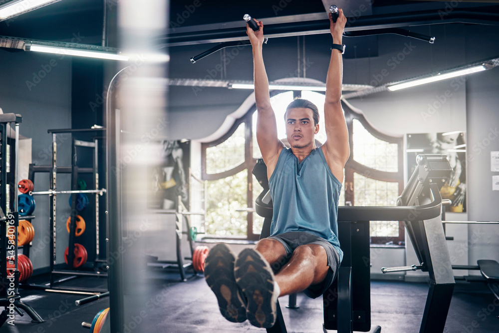 Hanging man, gym and leg raise exercise, workout and training for