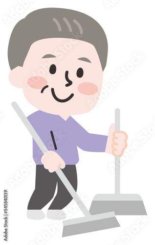 掃き掃除をするシニア男性のイラスト