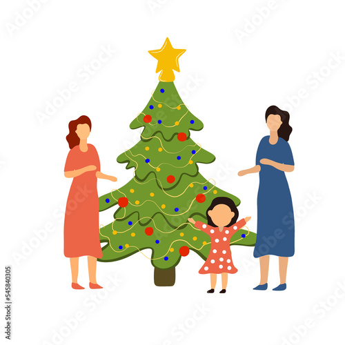 LGBT family. Same-sex family.Girls with kids decorating Christmas tree.Girls in the background.Template with girls and Christmas tree.Advocating for LGBT people.Happy LGBT family with kids decorating 