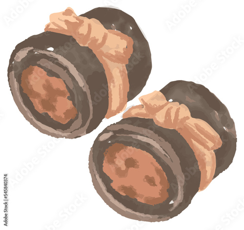 水彩風、昆布巻き。お正月の食べ物イラスト素材。年賀状などに。ベクター素材。