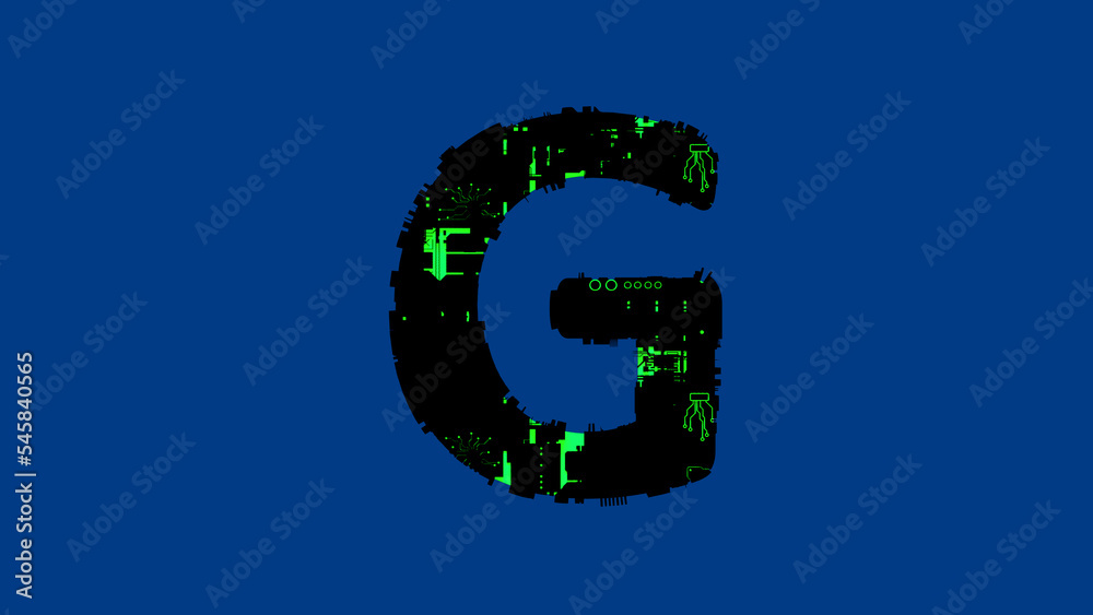 letter G - hi-tech cyberpunk black and green font on blue, isolated - object 3D rendering letter G - hi-tech cyberpunk black and green font on blue, isolated - object 3D rendering