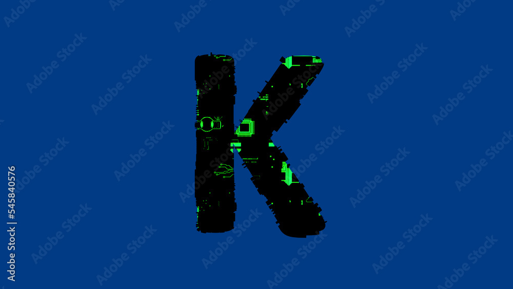 letter K - hi-tech cyber punk black and green alphabet on blue, isolated - object 3D illustration letter K - hi-tech cyber punk black and green alphabet on blue, isolated - object 3D illustration