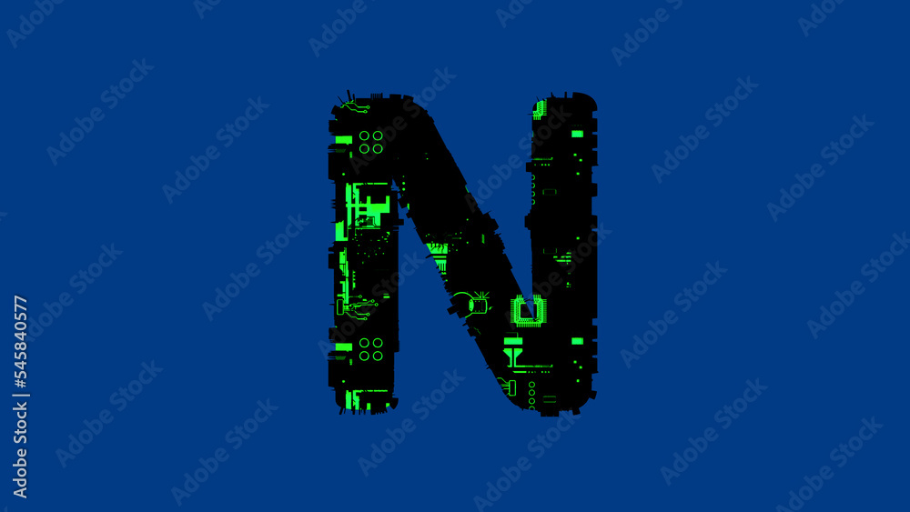 letter N - hi-tech cyber punk black and green alphabet on blue, isolated - object 3D illustration letter N - hi-tech cyber punk black and green alphabet on blue, isolated - object 3D illustration