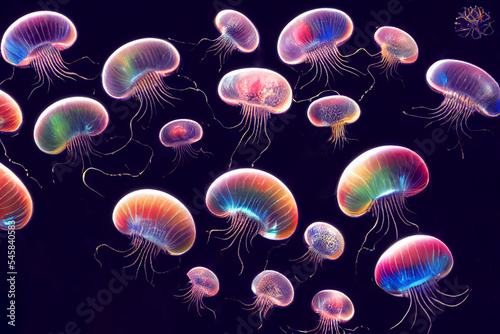 Colorful acid Jellyfish moving in water. 2d illustration © Daria