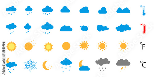  Collection of weather icons. Sun, clouds, wind, thunderstorm, lightning, stars, thermometer.