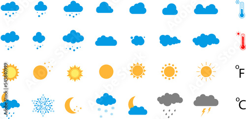  Collection of weather icons. Sun, clouds, wind, thunderstorm, lightning, stars, thermometer.