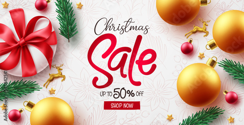 Christmas sale text vector banner design. Merry christmas and happy new year brochure and flyers decoration for promotion brochure and flyers decoration. Vector Illustration.