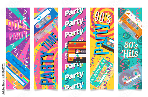 90s party time ad flyer vertical poster set vector illustration. Retro discotheque nineties music