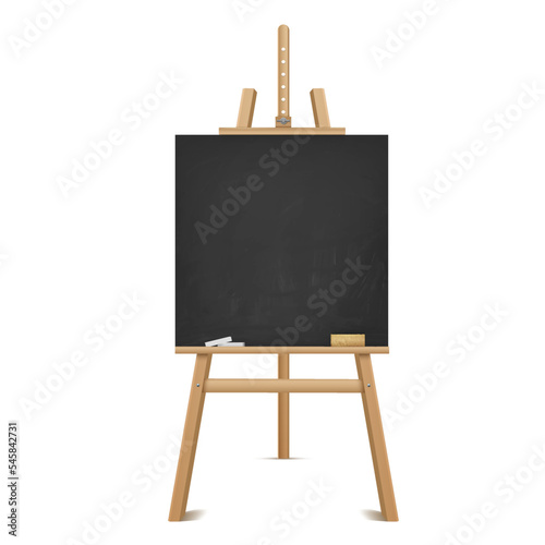 Blackboard wooden easel with chalk and sponge realistic vector illustration
