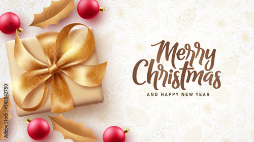 Merry christmas text vector design. Christmas and new year typography in pattern space with gold gift box for seasonal greeting card. Vector Illustration.
