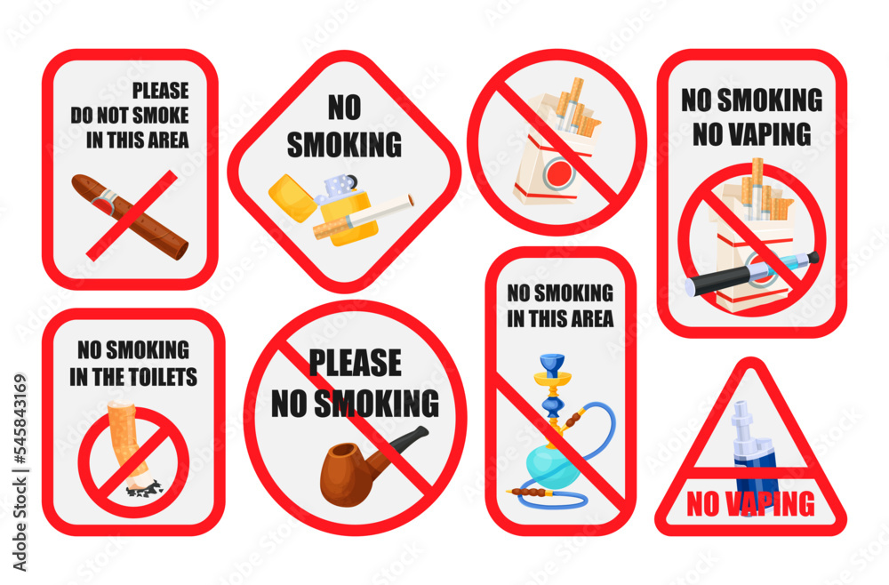 No smoking forbidden symbols in red frame set vector flat illustration No smoking forbidden symbols in red frame set vector flat illustration