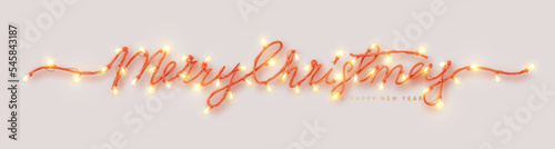 Merry Christmas lettering realistic 3d inscription from christmas lights decorated garlands. Happy Holidays lettering decorative lamp. Horizontal web poster, header for website. Vector illustration