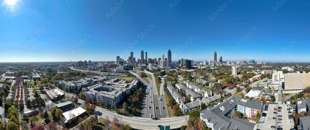 Fototapeta premium Aerial Panoramic 180 degrees photo out of 21 photos of Jackson Street Bridge view in Downtown Atlanta